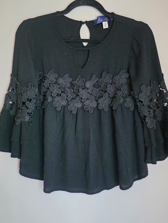 Blue Rain Tops - ☆ Blue Rain Black Gauze Top W/Crochet Floral Insets Size M